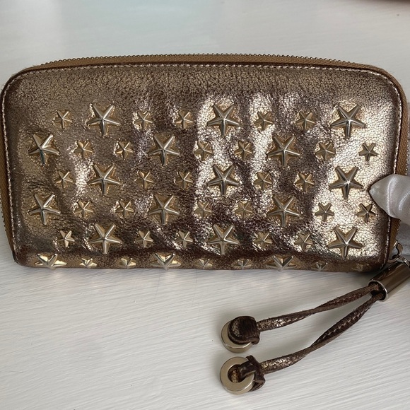 JIMMY CHOO FILIPA Gold Metallic Star Studded Spike Zip Wallet with Gift Box - Picture 7 of 17